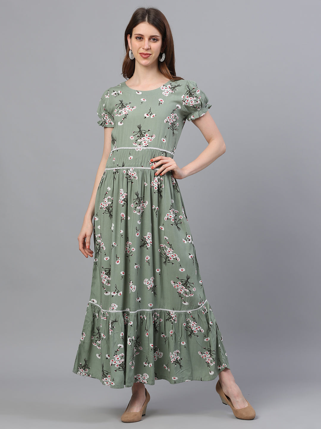Green floral flared rayon dress