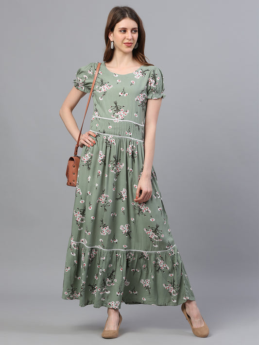 Green floral flared rayon dress