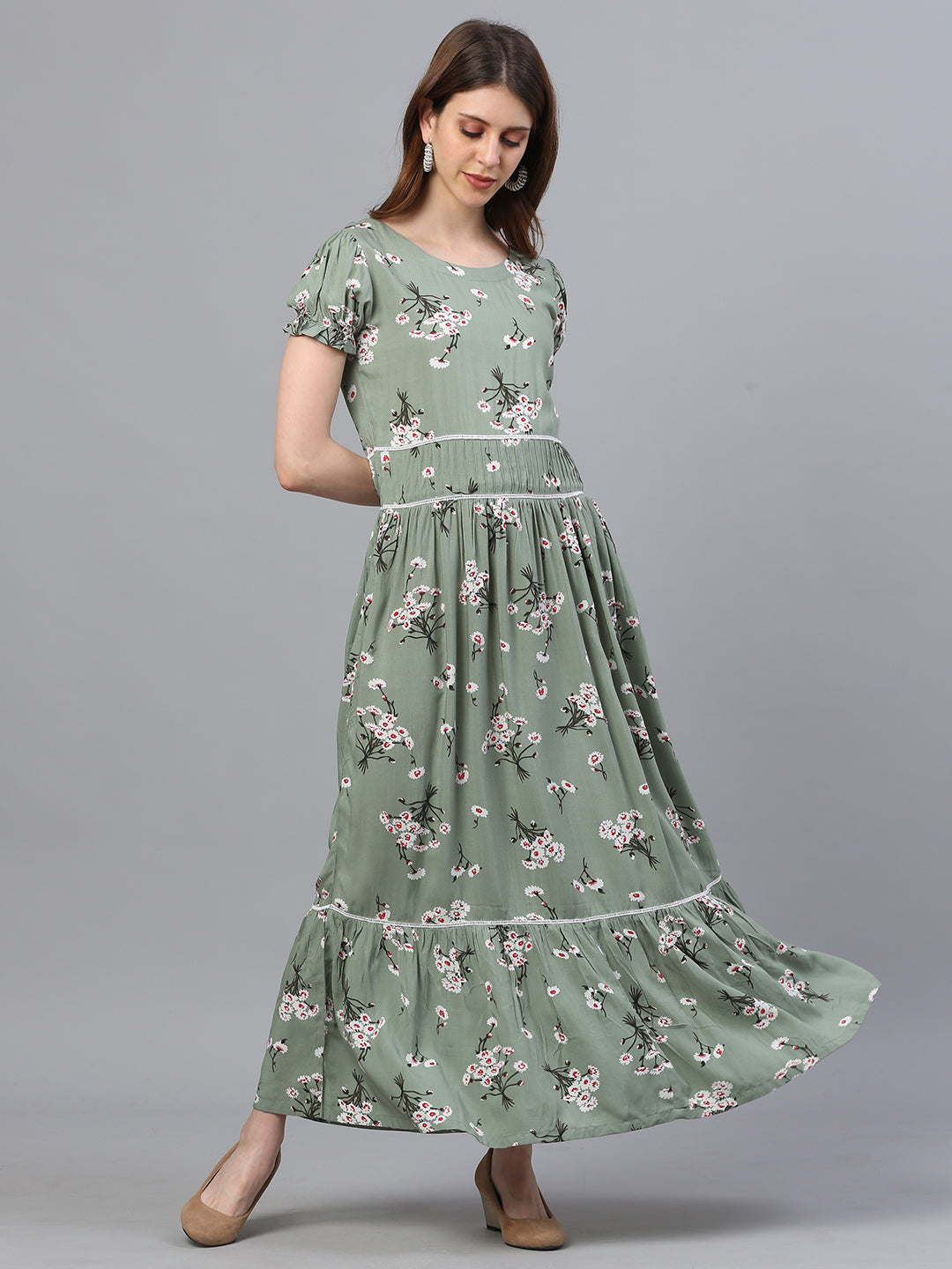 Green floral flared rayon dress