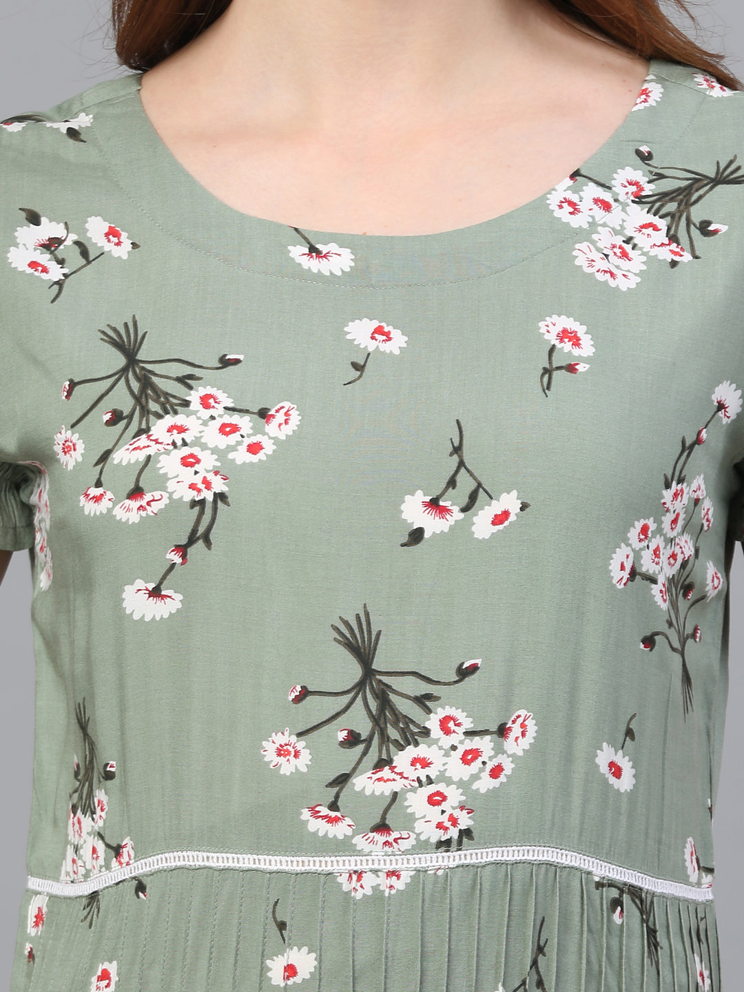 Green floral flared rayon dress