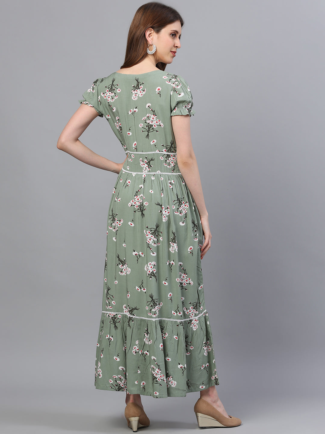 Green floral flared rayon dress