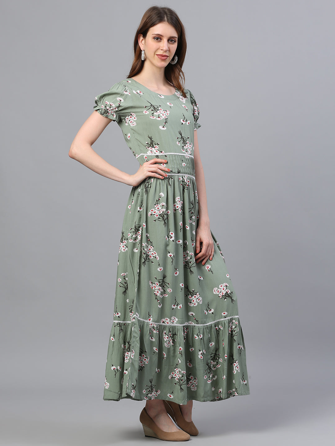 Green floral flared rayon dress