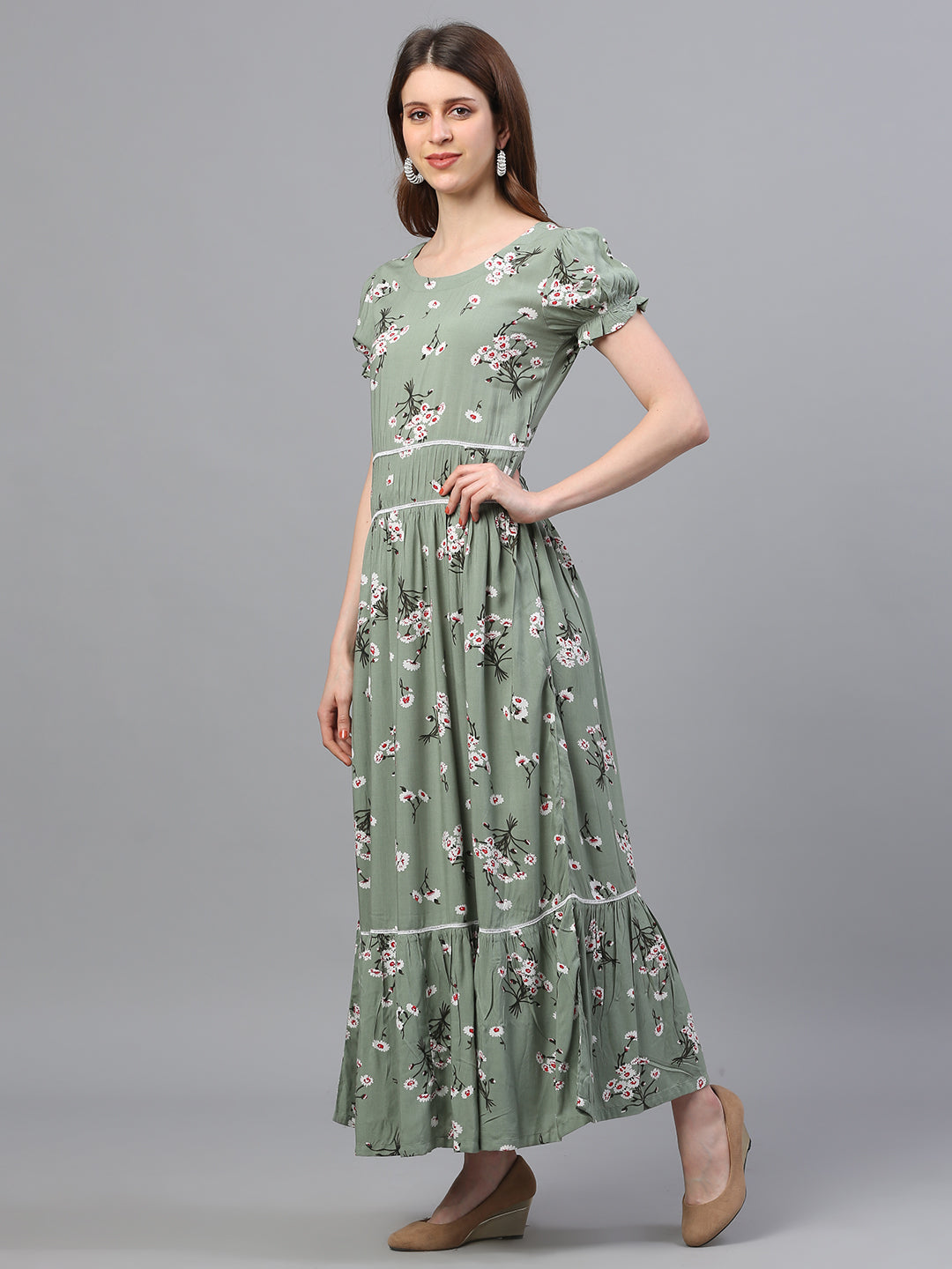 Green floral flared rayon dress