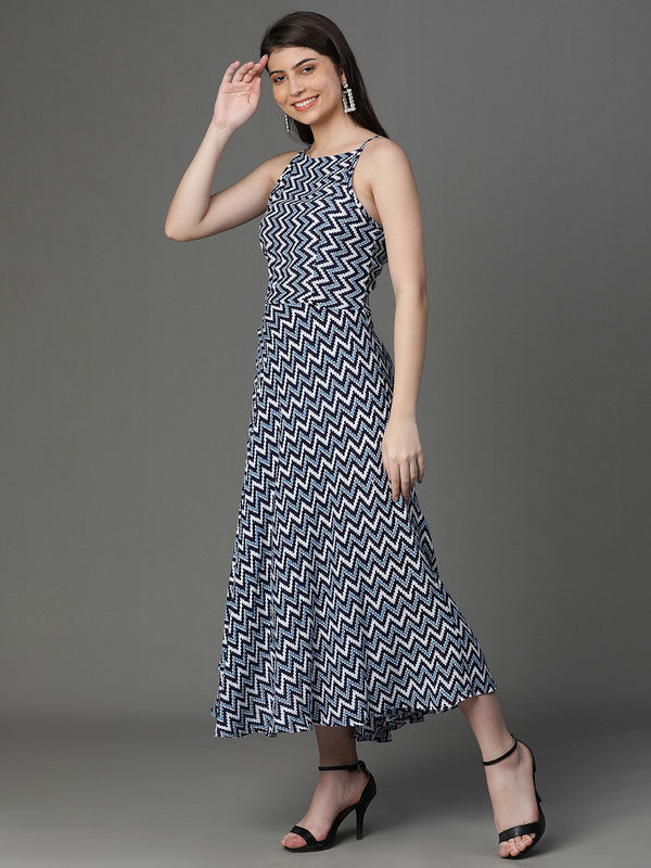 Blue printed strings dress