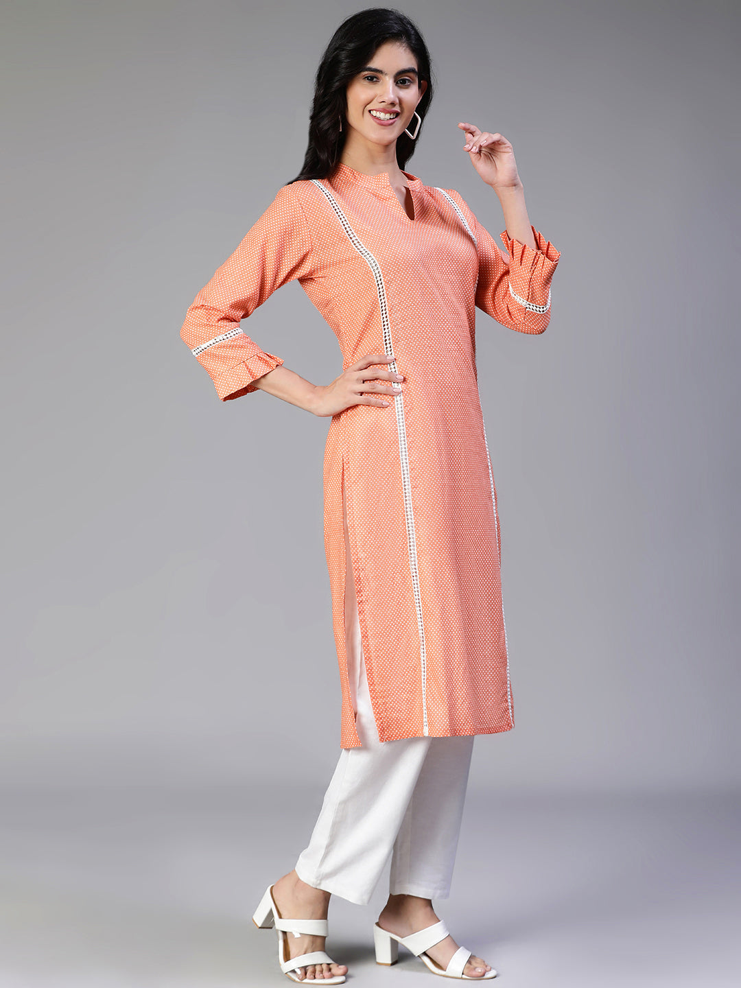 Peach Printed Cotton Kurta