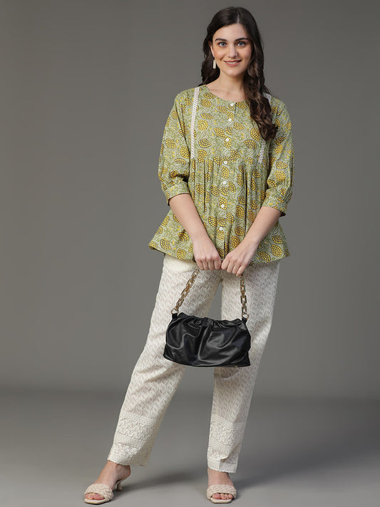 Green floral peplum top